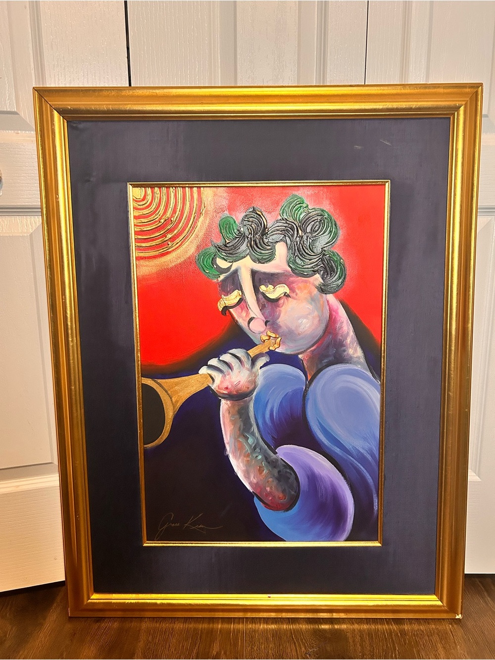 Grace Kisa Loving Musical Frame Abstract Trumpeter Art Print Gold Paint Signed